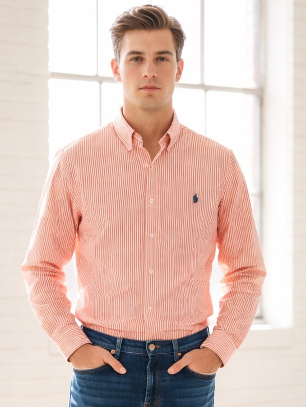 Ralph Lauren Orange White Striped Button Down Shirt Preppy Old Money Men M